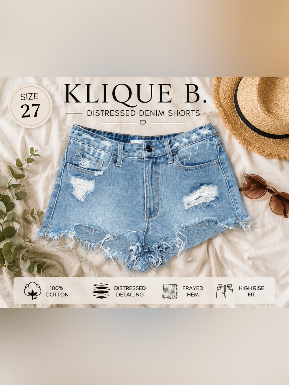 Klique B Distressed Cutoff Denim Shorts Size 27 High Rise Light Wash Jorts